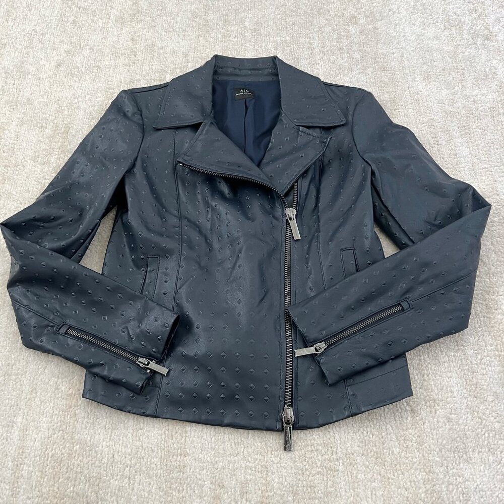 Armani Exchange Faux Leather Moto Jacket S Blue